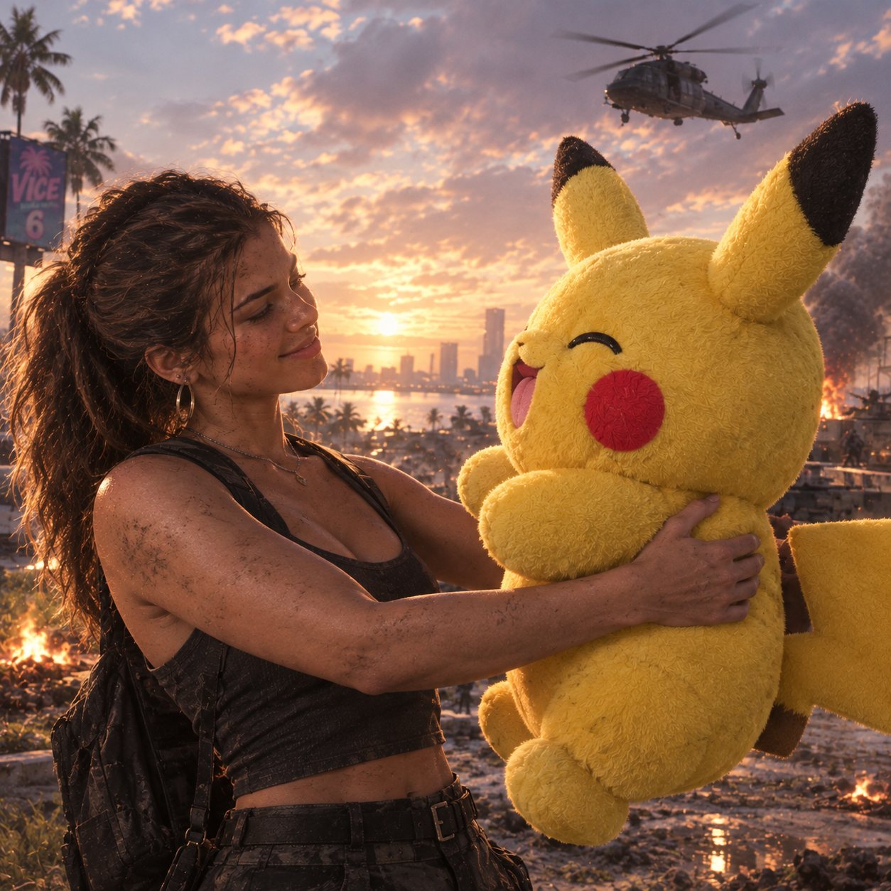 She hugs her partner at golden hour beneath a VICE 6 billboard